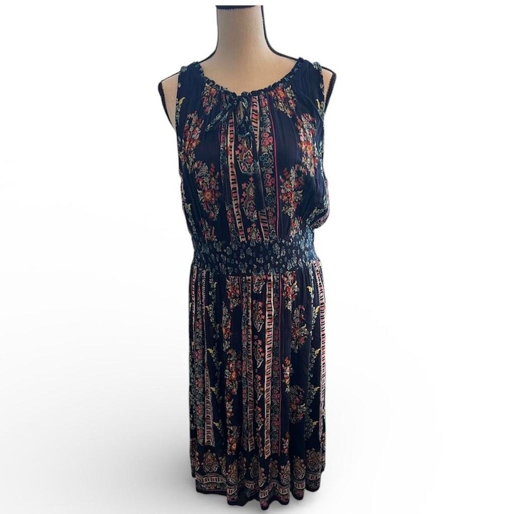 Bila Floral Navy Boho Sleeveless Dress Women's Large Quiet Luxury Feminine Chic